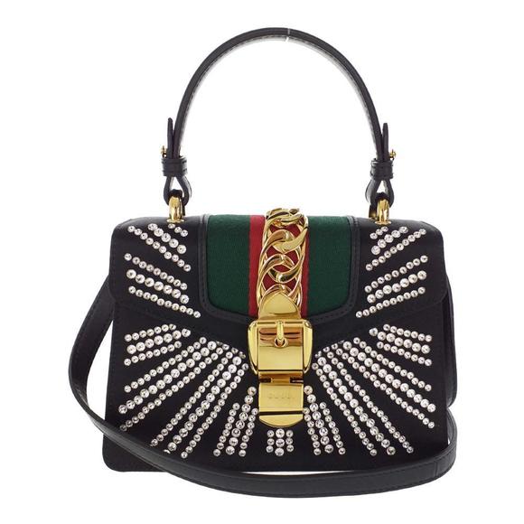Gucci Sylvie shoulder mini bag satin crystal chain web line black - Picture 1 of 10